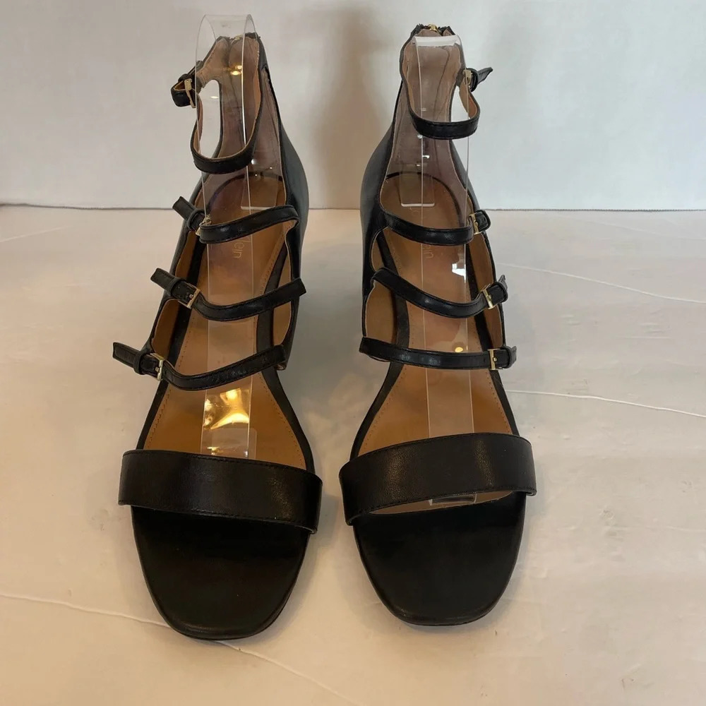 Calvin Klein black leather strappy open toe zipper back heels shoes size 9 1/2